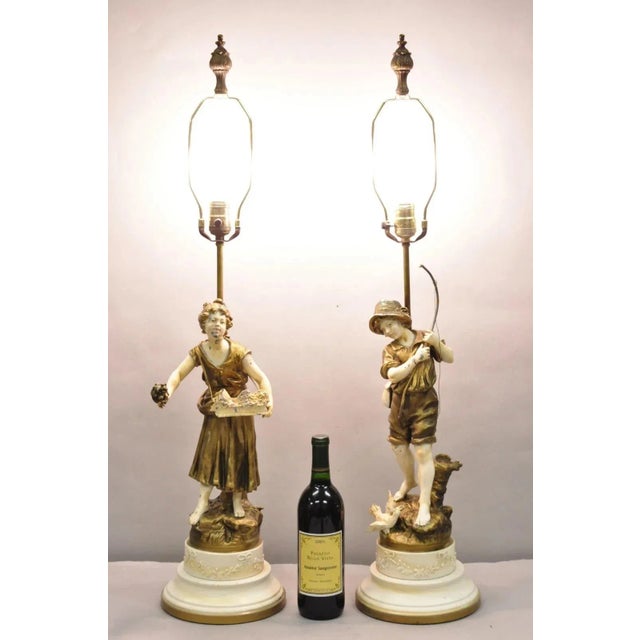 Antique French Victorian Figural Metal Boy and Girl Moreau Table Lamps (B) - a Pair. Circa Early 20th Century....