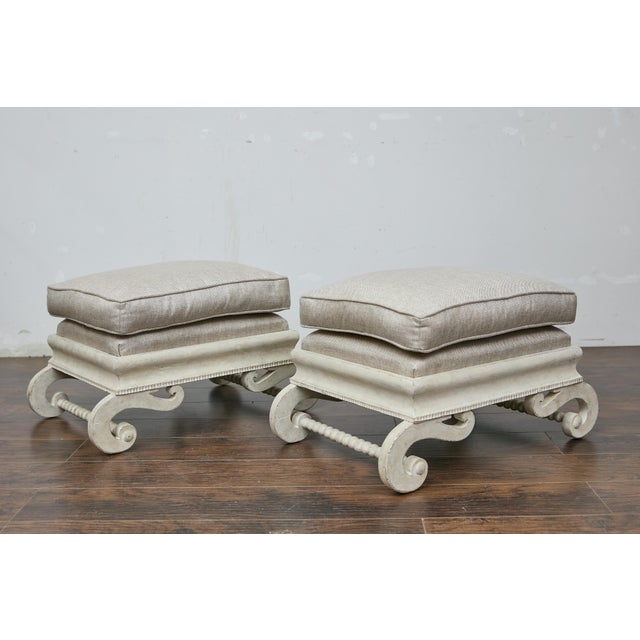 Wood Pair of 1920s Continental Upholstered Ottomans with Carved S-Scroll Bases For Sale - Image 7 of 11