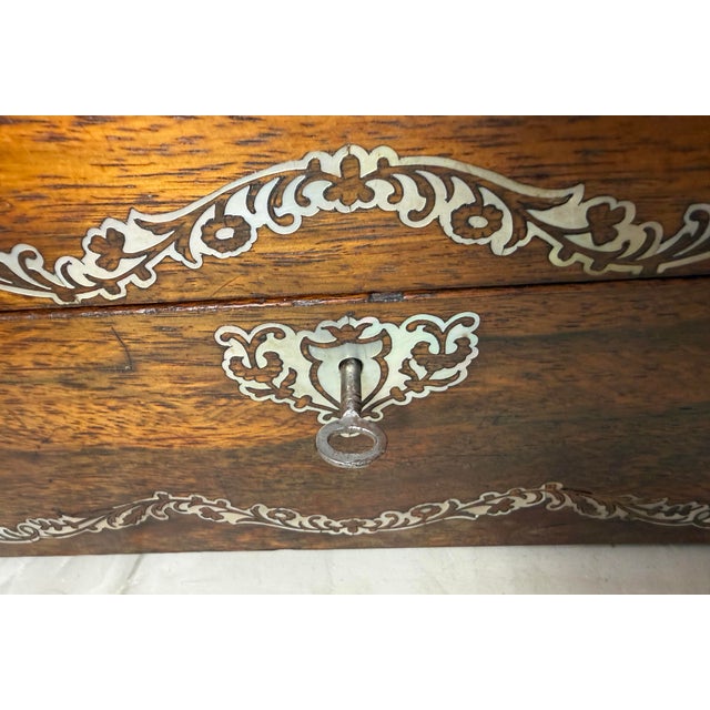 Antique 1800's English Inlaid Mother of Pearl Rosewood Wood Dual Tea Caddy Box For Sale - Image 15 of 18