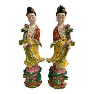 Early to Mid 20th Century Chinoiserie Porcelain Guanyin (Kwan Yin ) 16” Statues Handpainted - a Pair