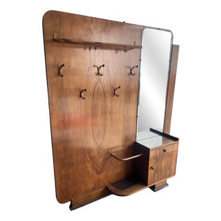 Art Deco Walnut Hallway Coat Rack with Mirror, 1930s For Sale