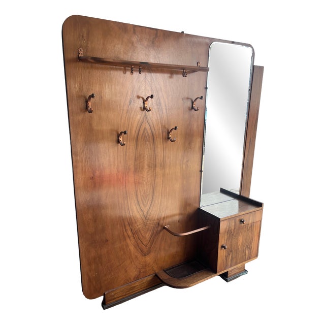 Art Deco Walnut Hallway Coat Rack with Mirror, 1930s For Sale