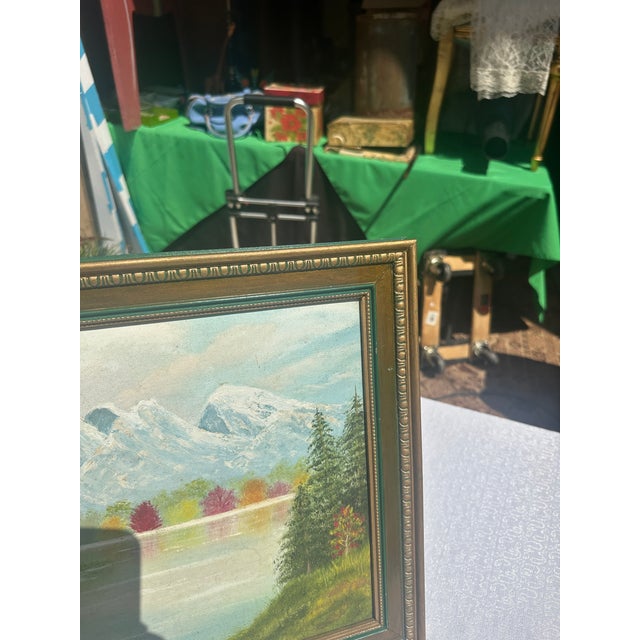 1990s Gold and Green Framed Riverside Painting With Colorful Foliage and Mountains For Sale In Atlanta - Image 6 of 8