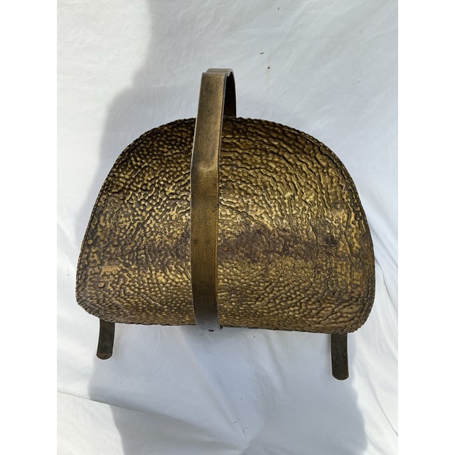 MCM Metal Firewood carrier hammered metal with flat metal strapped legs and handle. Gold brass tone textured metal...