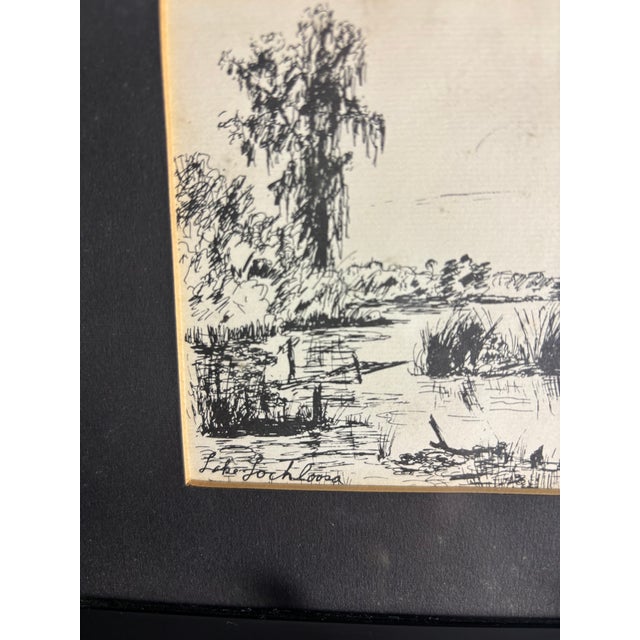 Original pen and ink landscape drawing by Robert Carson, depicting Lake Lochloosa. Executed in fine black ink on toned...