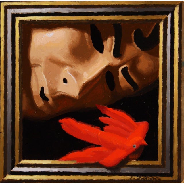 In "Follow Me," a stylized mask rests against a dark background, its hollow eyes creating a sense of mystery and intrigue....