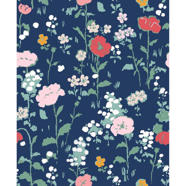 Art Deco Poppies (var. 2) Wallpaper by Paule Marrot in Midnight Blue For Sale - Image 3 of 3