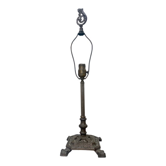 Antique Arts and Crafts Bronze Patinated Cast Iron Electric Table Lamp Light For Sale