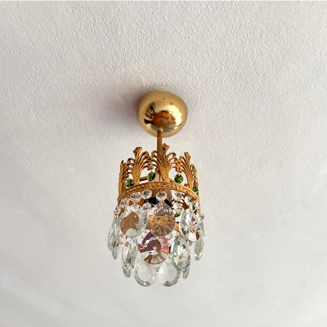 Vintage Small Brass & Emerald Green Crystal Crown Flush Mount – 1 Light For Sale - Image 15 of 18
