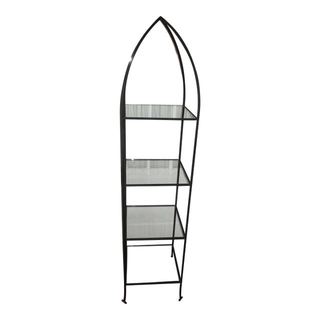 Vintage Regency Iron & Glass 4 Tier Crown Top Display Shelf Case / Etagere For Sale