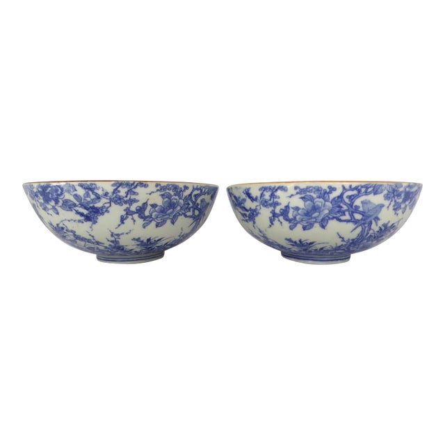 Pair of Japanese Porcelain Bowls With Transfer Design in Blue / White 1950s For Sale