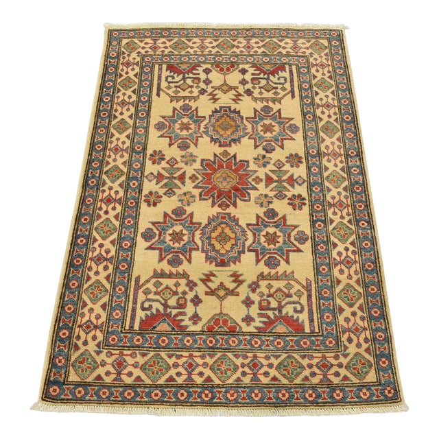 Kazak Rug 3’4” X 4’11” Beige Wool Tribal Hand-Knotted Oriental Carpet For Sale