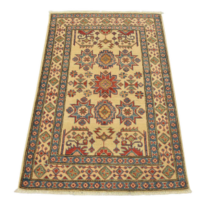 Kazak Rug 3’4” X 4’11” Beige Wool Tribal Hand-Knotted Oriental Carpet