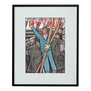 1938, Skiing on the Subway, Original New Yorker Magazine Cover by Peter Arno, Framed, Rare For Sale