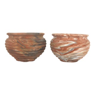 Vintage Comanche Pottery Unglazed Clay Terracotta Swirl Planters - Set of Two For Sale