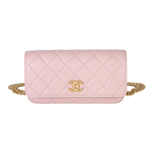 Light Pink Quilted Caviar Sweetheart Phone Holder With Chain Handbag