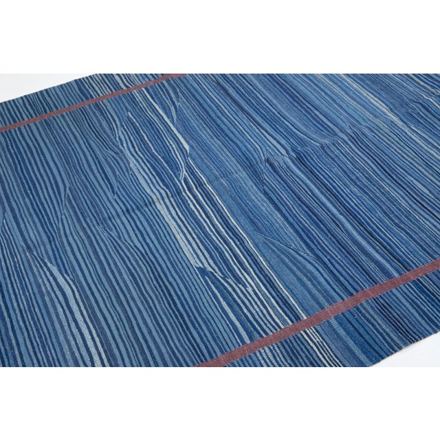 2020s Modern Kilim Handmade Blue Geometric Wool Rug For Sale In New York - Image 6 of 7