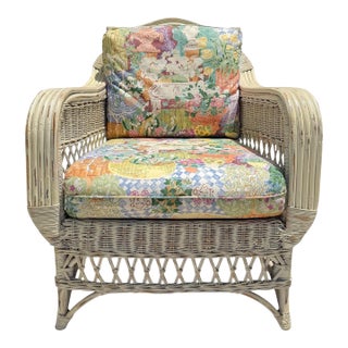 Vintage Henry Link Distressed Painted Wicker Armchair For Sale