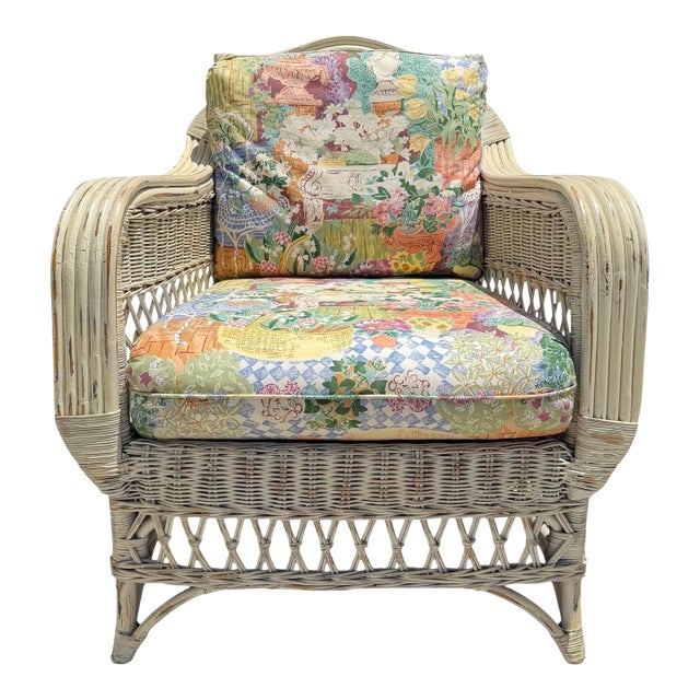 Vintage Henry Link Distressed Painted Wicker Armchair For Sale
