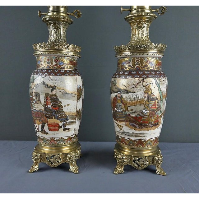 Late 19th Century Satsuma Porcelain and Bronze Oil Lamps, Japan, Set of 2 For Sale - Image 9 of 18