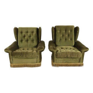 1960s Pair Danish Modern Tufted Wingback Lounge Chairs For Sale