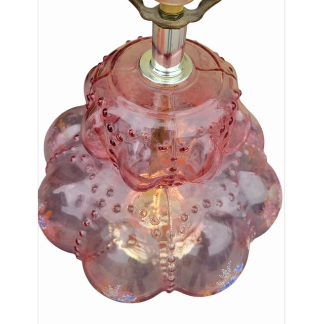 Hollywood Regency Vintage Carl Falkenstein Double Bubble Glass Pale Pink Hob Knob Painted Table Lamps Pink Pleated Shades- A Pair For Sale - Image 3 of 12