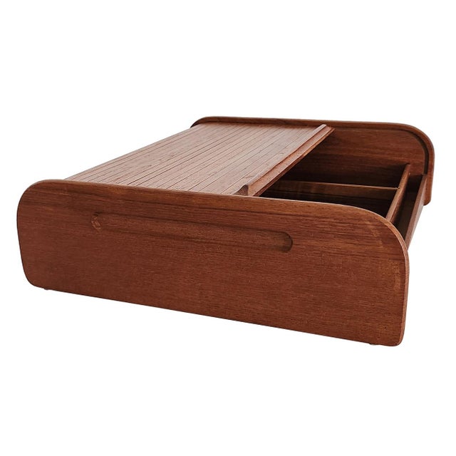 Mid 20th Century Teak Wood Tambour Desk Top Organizer Box For Sale In Miami - Image 6 of 12