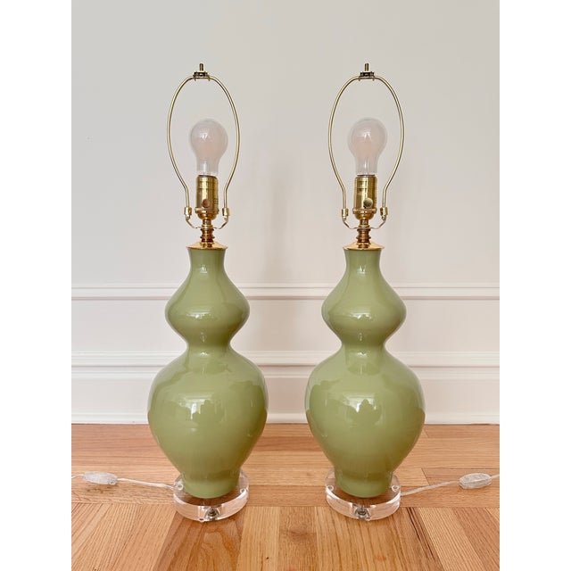 Pair (2) of DOUBLE GOURD Ceramic lamps with glossy solid glaze in “Sage” color and clear acrylic bases, with ivory drum...