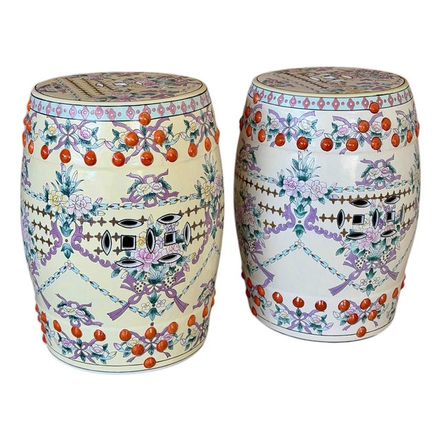 Late 20th Century Chinoiserie Chinese Export Ivory Ground Famille Rose Porcelain Garden Stools-Pair For Sale