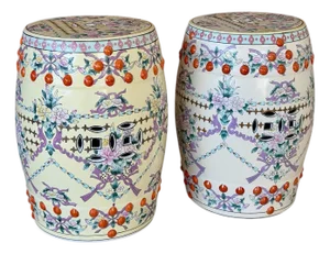 Late 20th Century Chinoiserie Chinese Export Ivory Ground Famille Rose Porcelain Garden Stools-Pair