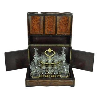 Vintage French Brass Inlay Tantalus Box Cordial Decanter Set Liquor Cabinet For Sale