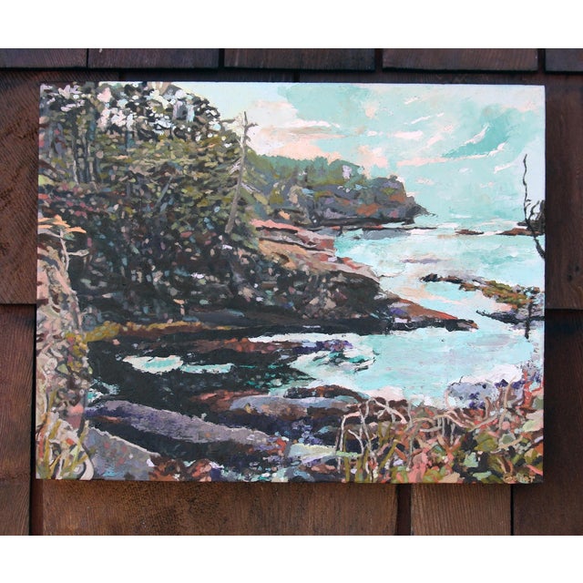 Contemporary Cape Flattery IV by Carrie Goller | Oil and Cold Wax on Wood Panel Coastal landscape with water and trees. For Sale - Image 3 of 3