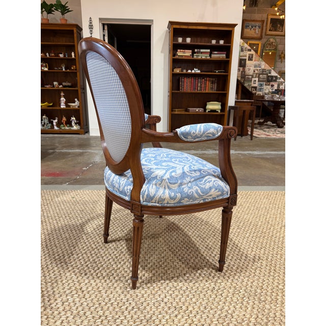 Wood Pair of Louis XVI Style Fauteuils Carved Walnut Arm Chairs Blue White Damask Floral For Sale - Image 7 of 8
