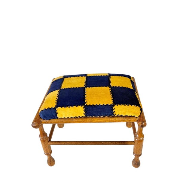 French Provincial Antique French Provincial Walnut Footstool With Hand-Turned Legs & Blue/Yellow Patchwork Cushion For Sale - Image 3 of 10