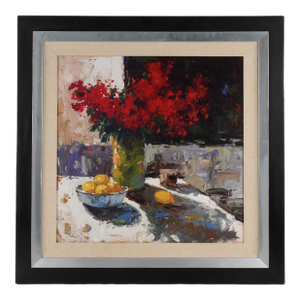 Framed Mira Still Life With Red Flowers and Lemons Print