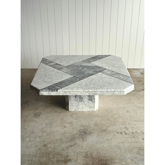 Vintage 1970s Italian Carrara & Bardiglio Marble Inlaid Coffee Table For Sale - Image 16 of 18