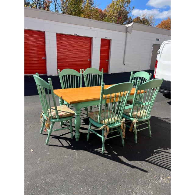2000 - 2009 Farmhouse Two-Tone Dining Table With 6 Mint Green Windsor Chairs For Sale - Image 5 of 12