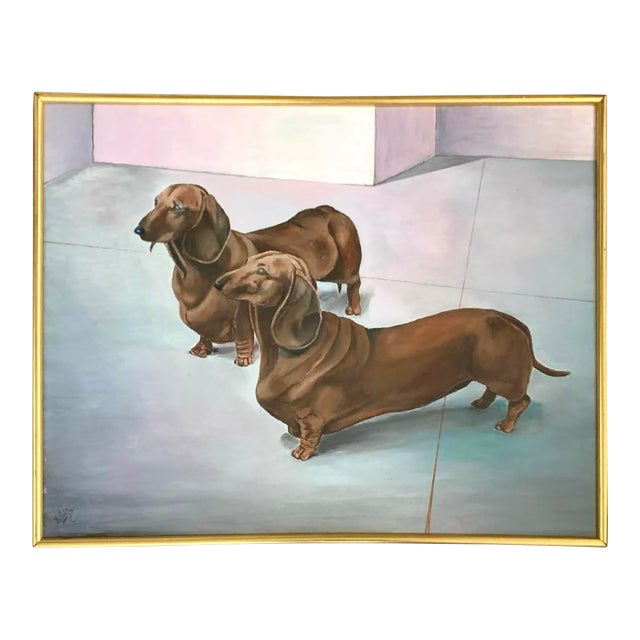 Dog Painting Dachshund Oil on Canvas Sign Dated 2017 Adorable Art Decor For Sale