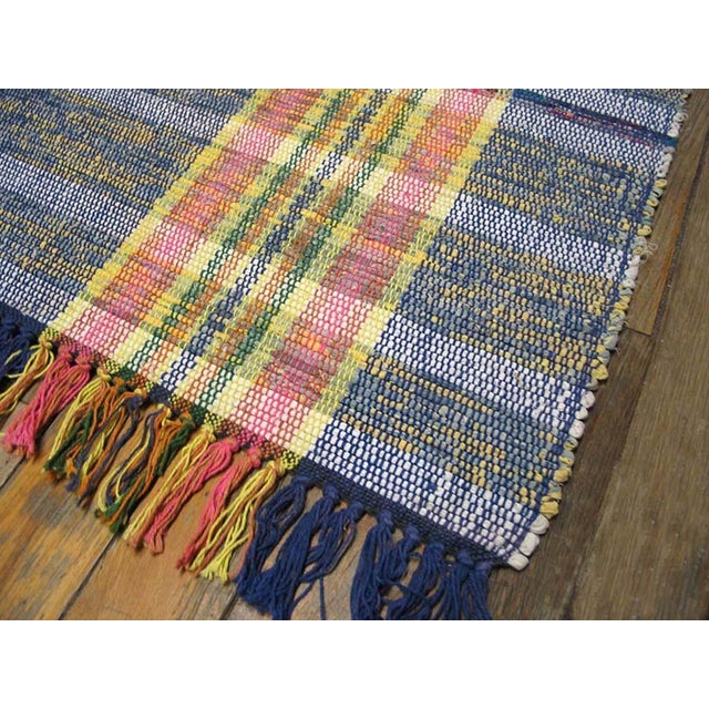Mid 20th Century 1950s Blue Yellow Stripe Folk Art Vintage American Rag Rug 2'3" X 80'0" Wool Carpet For Sale - Image 5 of 5