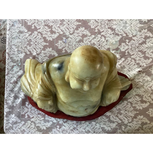 Mid 20th Century Monumental Antique Chinese Jade-Like Happy Buddha Sculpture on Custom Wooden Base, One-Piece Hand-Carved Jade | Symbol of Prosperity & Joy For Sale - Image 5 of 12