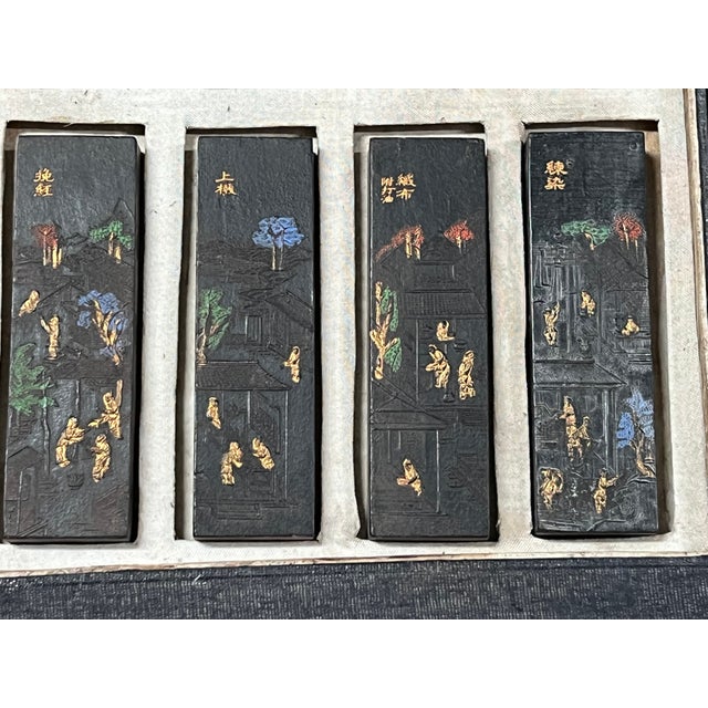 Black Set of Sixteen Chinese Art Calligraphy Black Ink Sticks With Landscape and Poem Decoration For Sale - Image 8 of 14