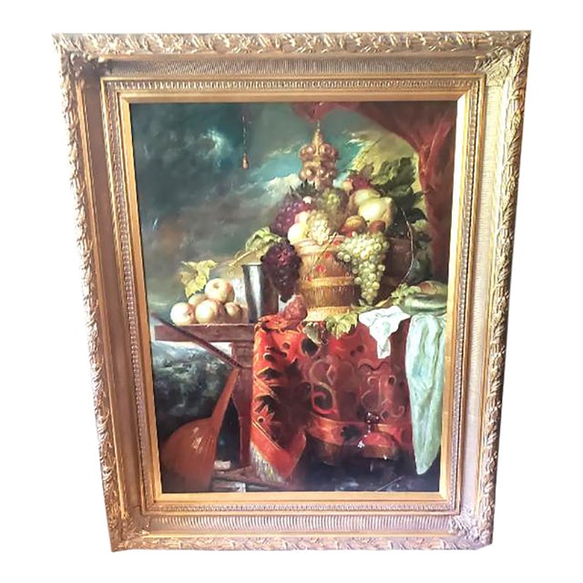 Large 40"x50" Late 19th Century Oil on Canvas Still Life, Ornate Frame, Signed For Sale