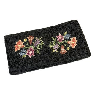 1940s Black Beaded Tapestry Clutch Purse For Sale