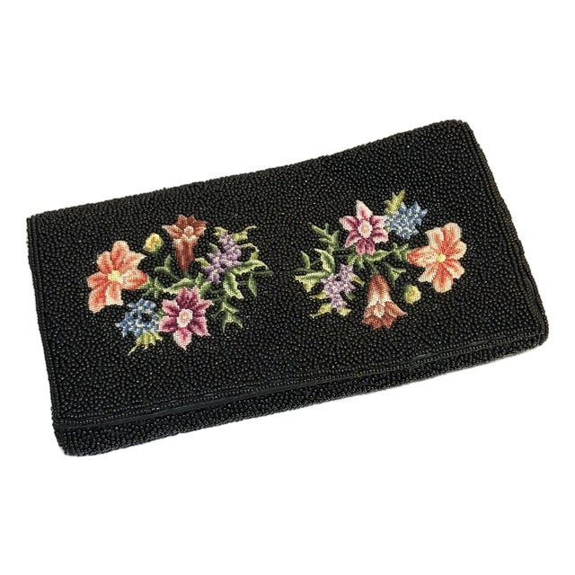 1940s Black Beaded Tapestry Clutch Purse For Sale