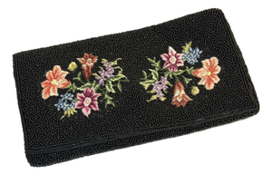 1940s Black Beaded Tapestry Clutch Purse