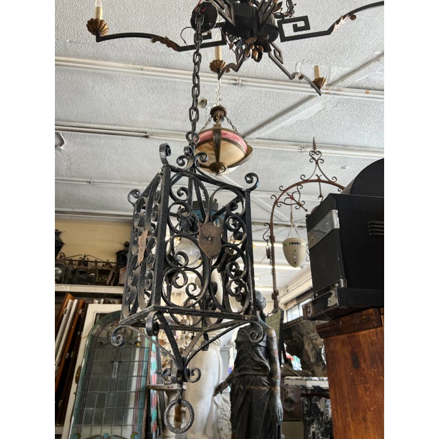 1920's Spanish Revival Pendant Light Featuring a Shield For Sale - Image 4 of 13