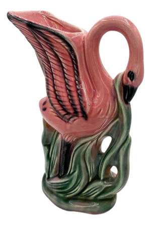Mid-Century Pink & Green Flamingo Tropical Water Pitcher by Royal Copley