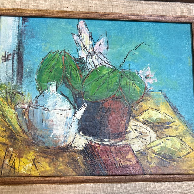 1970’s original modernist teapot & plant still life painting on canvas. Signed and framed. Measures 10x8 or approximately...