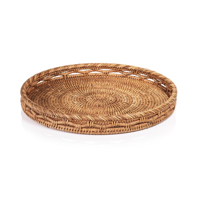 Boho Chic Heritage Weave Rattan Artistry Serving Tray, Round For Sale - Image 3 of 3