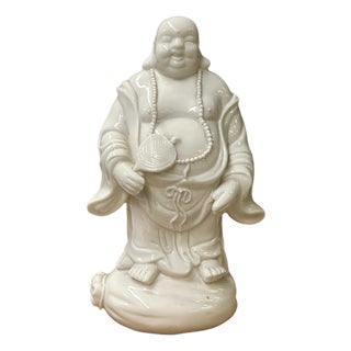 White Happy Laughing Buddha Holding Fan Deity Porcelain Figure For Sale